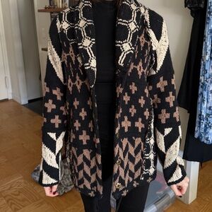 Free People Black and Brown Patterned Cardigan